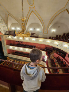 Spatzen in Aktion - Junge steht auf der Empore des Theaters
